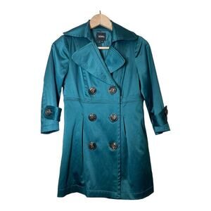 XOXO Teal Green Satin Trench Coat Jacket Small
